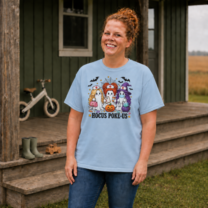 Ghost nurse Halloween graphic on Chambray Comfort Colors 1717 short-sleeve tee