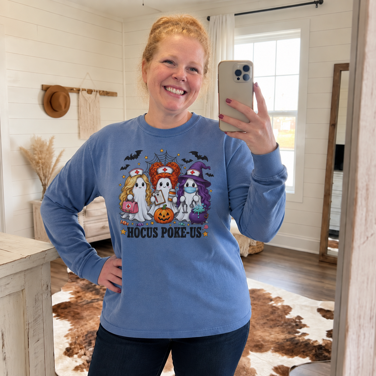 Hocus Poke-Us Halloween nurse ghost design on Blue Jean Comfort Colors 6014 long-sleeve shirt
