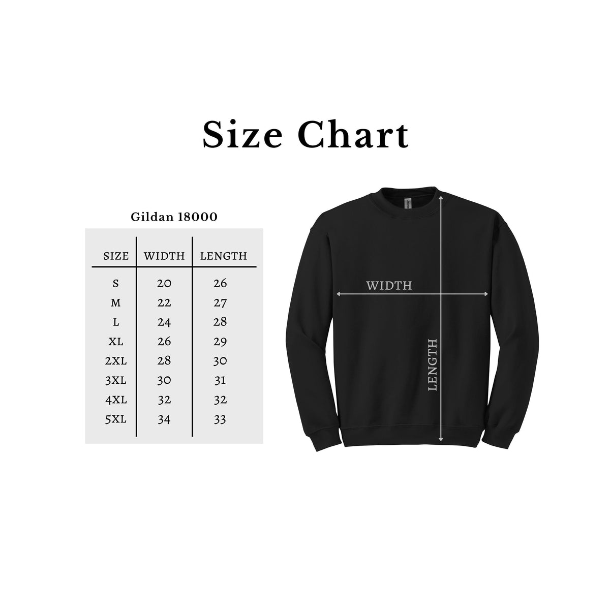 Gildan 18000 unisex sweatshirt size chart for adult sizes S through 3XL