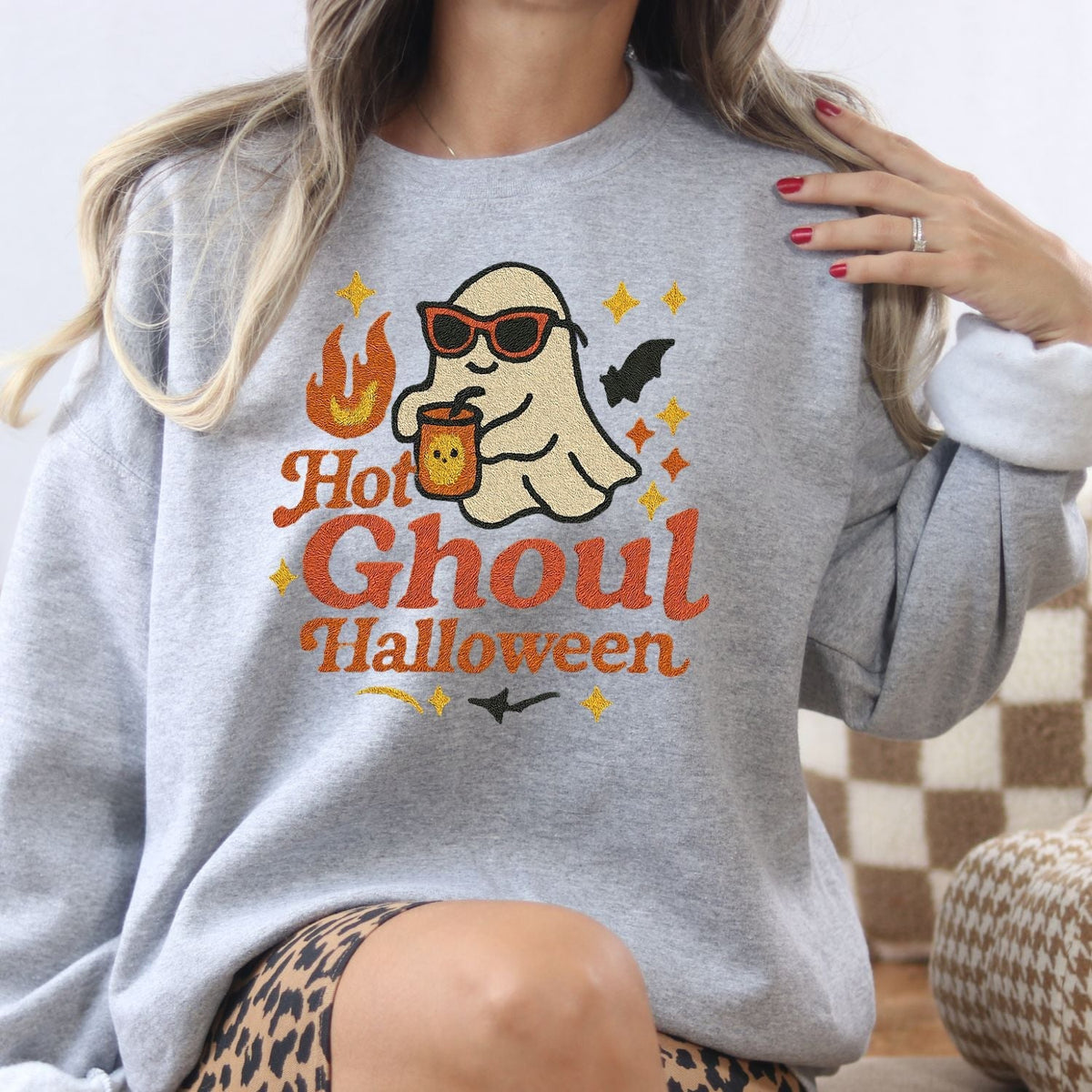 Ash Gildan Hot Ghoul embroidered sweatshirt shown on a model