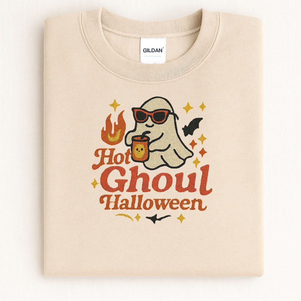 Sand Gildan crewneck with Hot Ghoul ghost and pumpkin drink embroidery