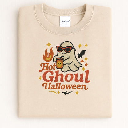 Sand Gildan crewneck with Hot Ghoul ghost and pumpkin drink embroidery