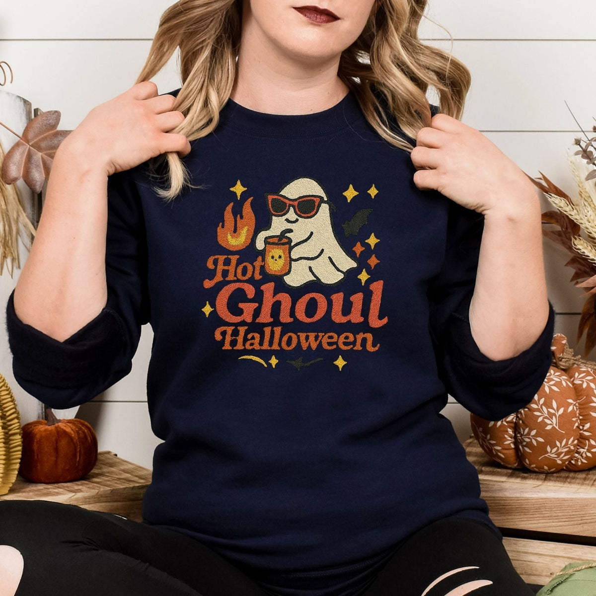 Front view of Navy Hot Ghoul Halloween embroidered Gildan crewneck