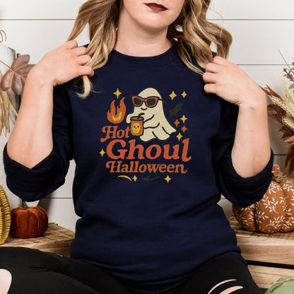 Front view of Navy Hot Ghoul Halloween embroidered Gildan crewneck