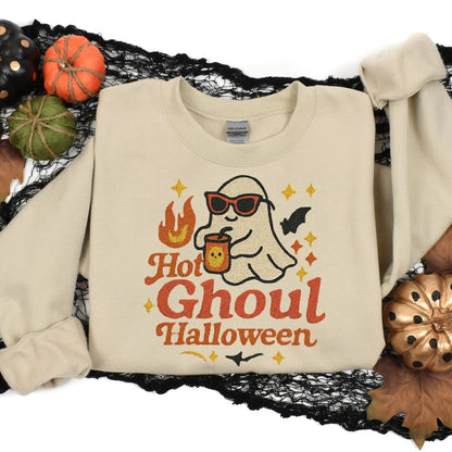 Sand Hot Ghoul embroidered sweatshirt styled with Halloween pumpkins