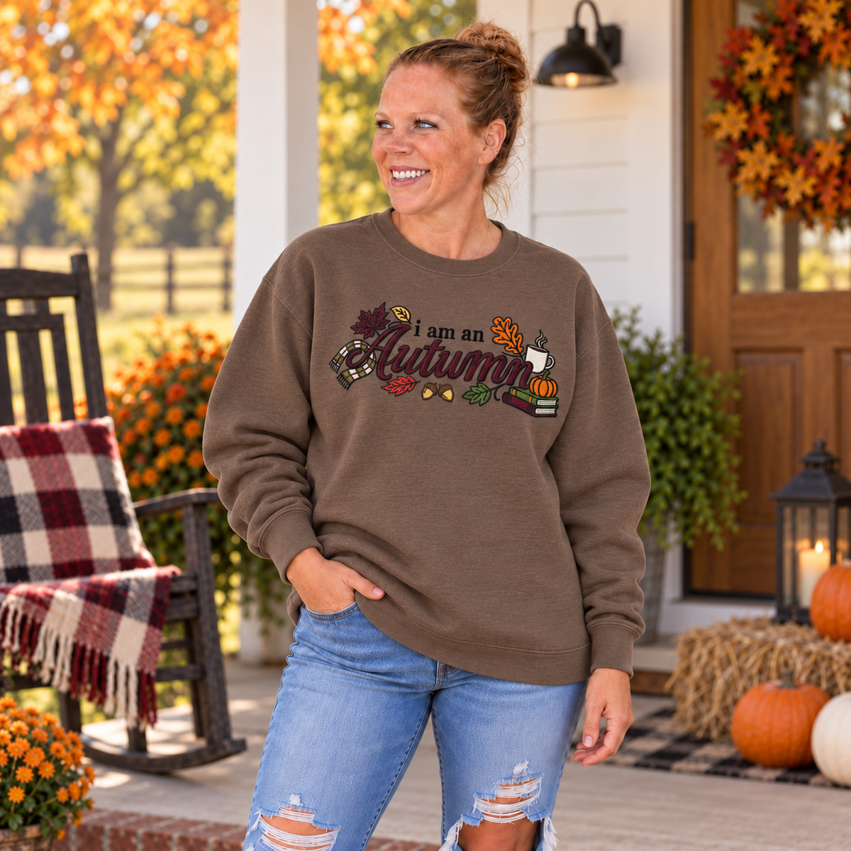 Woman wearing Brown Savanna embroidered I Am an Autumn sweatshirt
