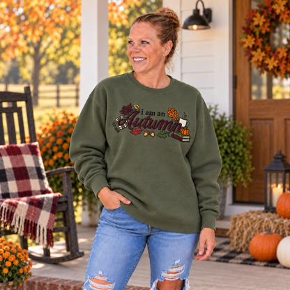 Woman wearing Military Green embroidered I Am an Autumn sweatshirt