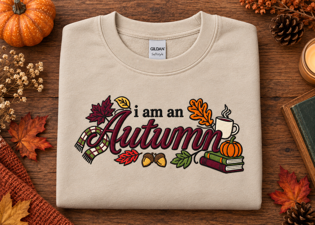 Sand embroidered I Am an Autumn Gildan Softstyle sweatshirt flat lay with fall accessories