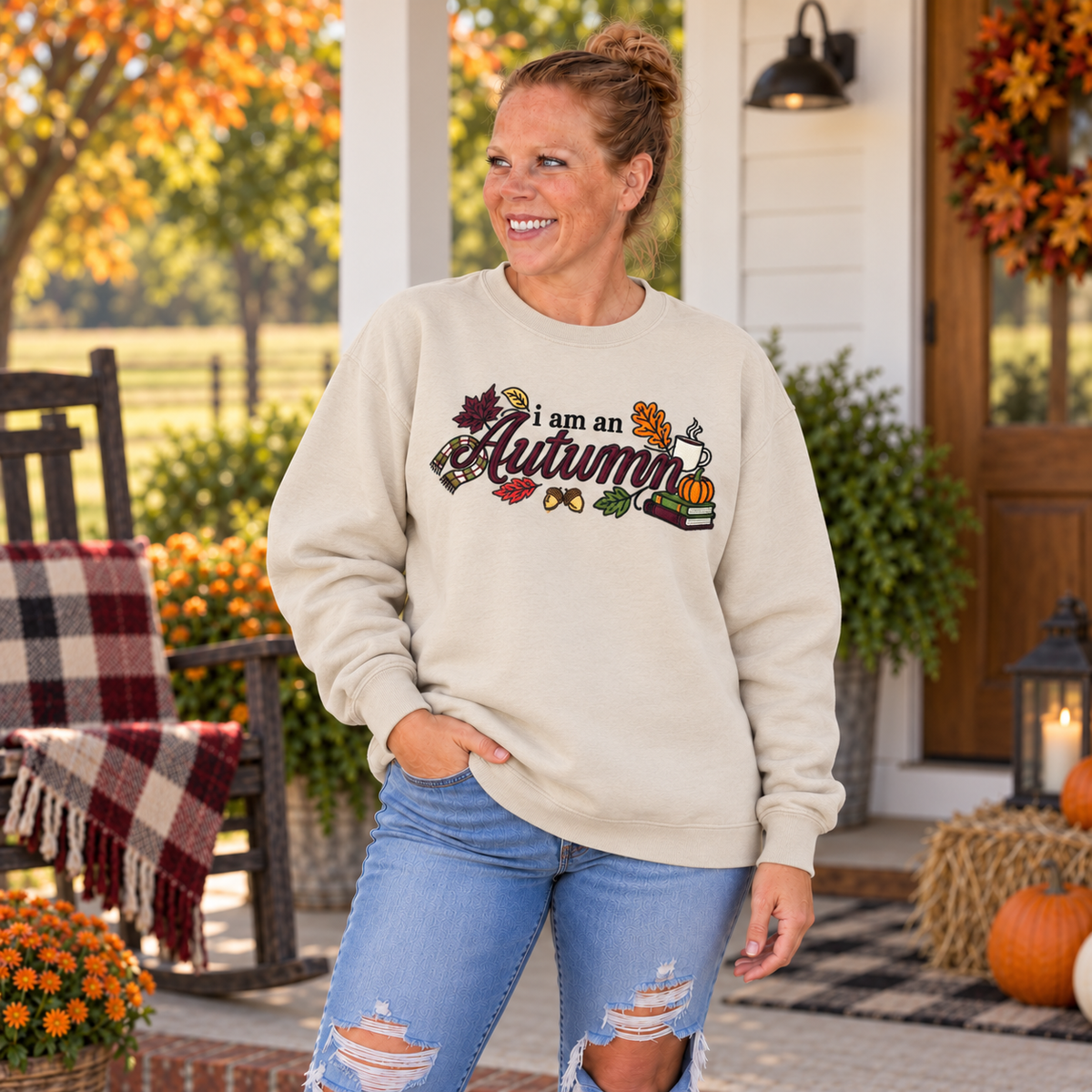 Woman wearing Sand embroidered I Am an Autumn fall sweatshirt