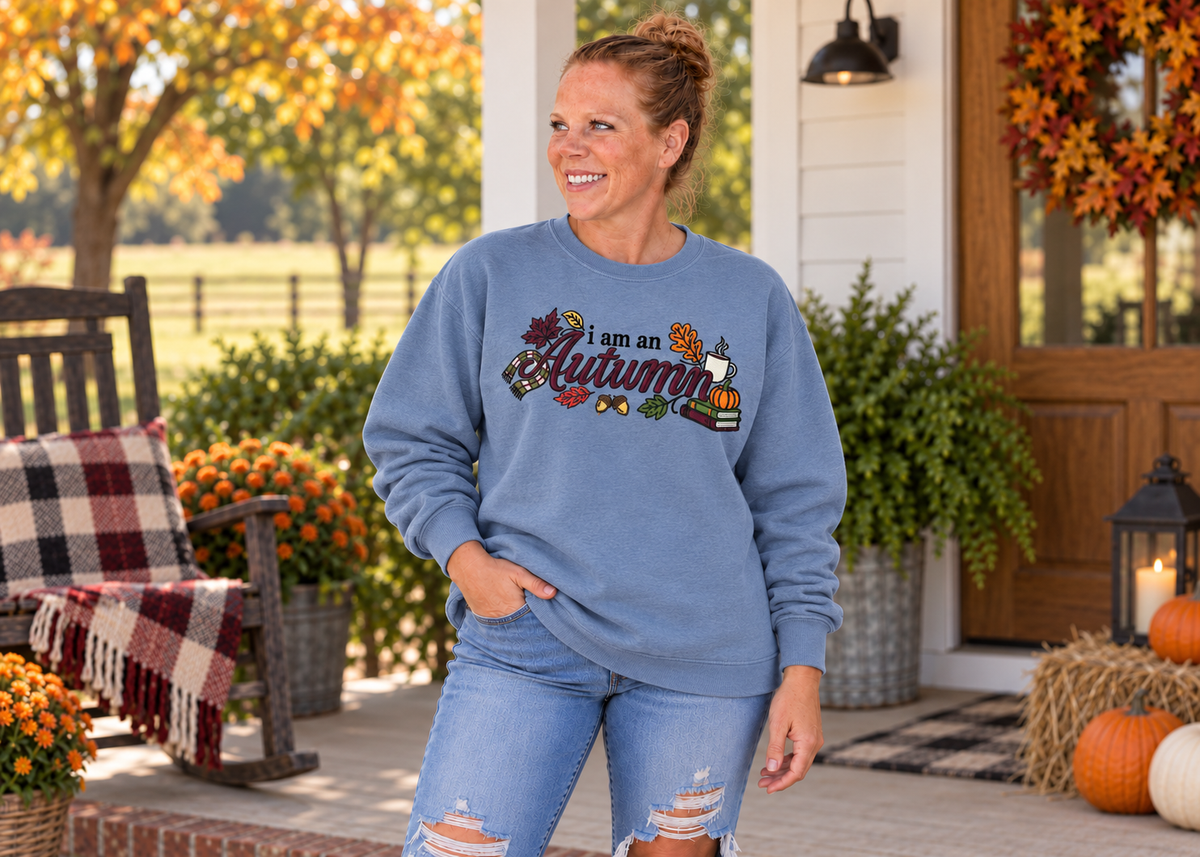 Woman wearing Stone Blue embroidered I Am an Autumn sweatshirt