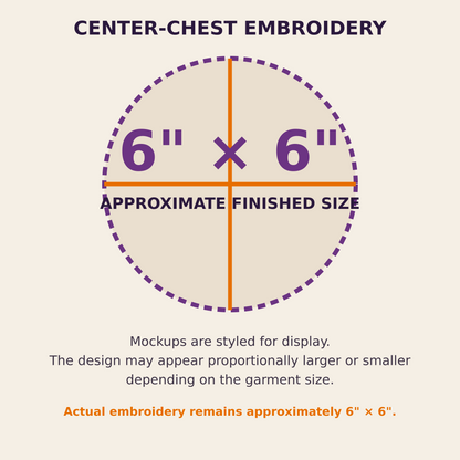 Embroidery size information approximately 6 by 6 inches