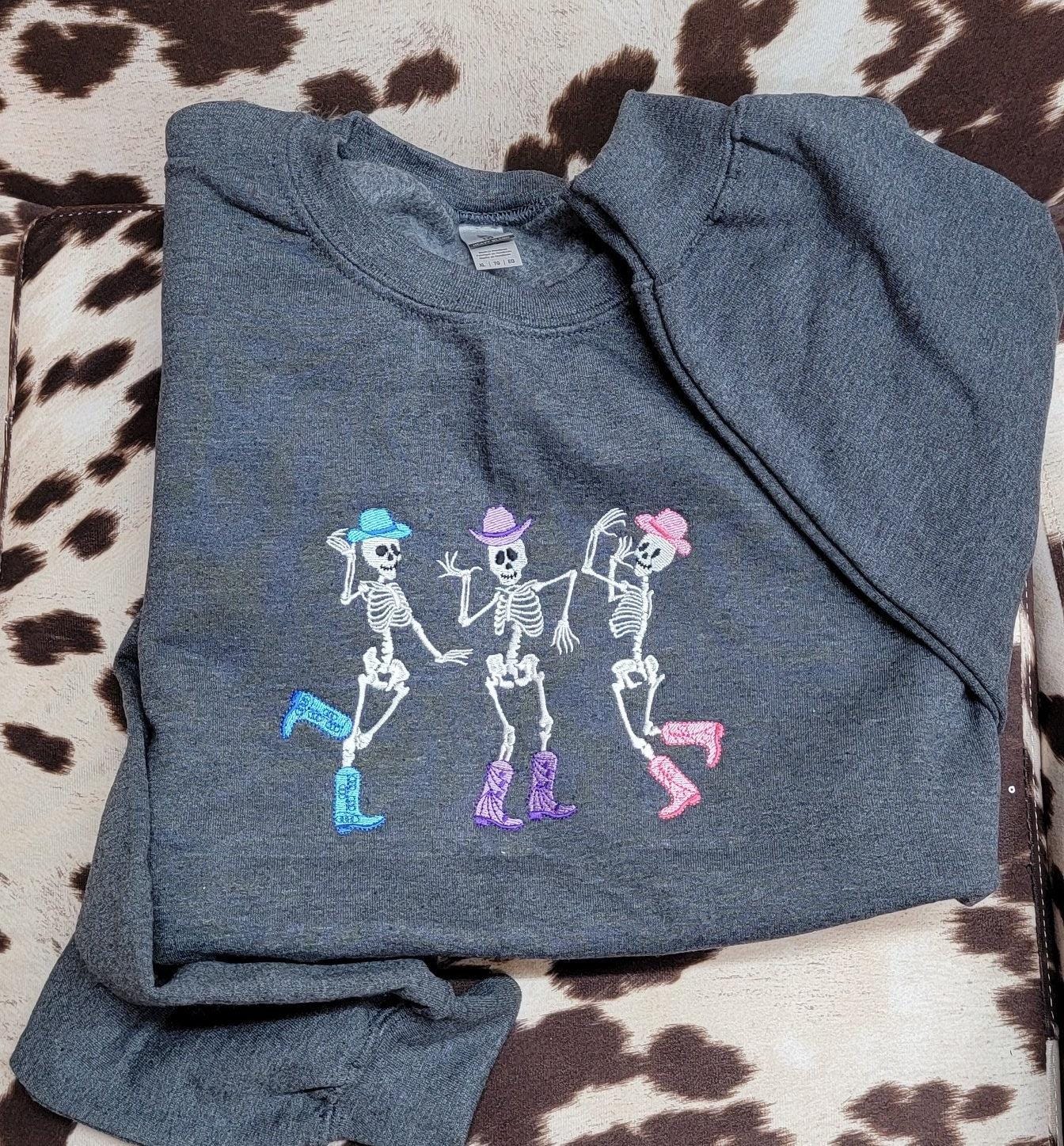 Dancing Skulls Halloween Embroidery Crewneck, Halloween Sweatshirt, Gift For Mom Or Girlfriend