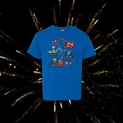 4th of July Construction Truck Kids Shirt - Patriotic Boys Graphic Tee - Red White and Blue Trucks T-Shirt - Fireworks Holiday Shirt