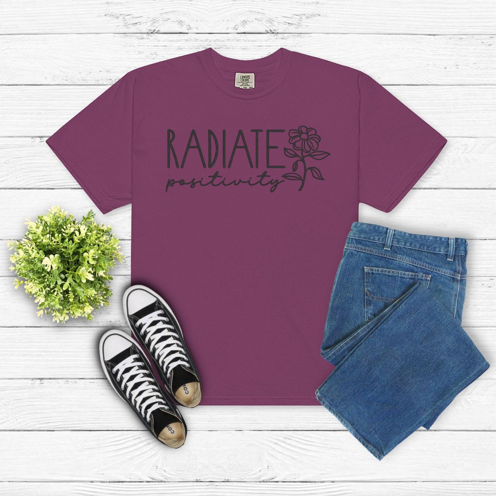 Radiate Positivity Embroidered Shirt – Uplifting Floral Quote Tee – Mental Health Awareness Shirt – Kindness Gift – Self Love Apparel