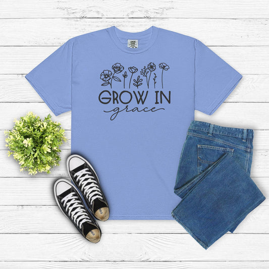 Grow in Grace Embroidered Shirt – Inspirational Christian Floral Tee – Faith-Based Embroidery Gift – Uplifting Boho Style Tee
