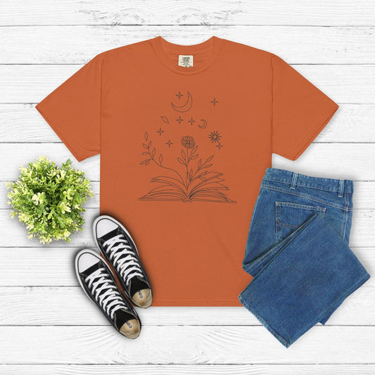 Mystical Book & Stars Embroidered Shirt – Boho Botanical Moon Tee – Celestial Book Lover Gift – Literary Floral Aesthetic Shirt