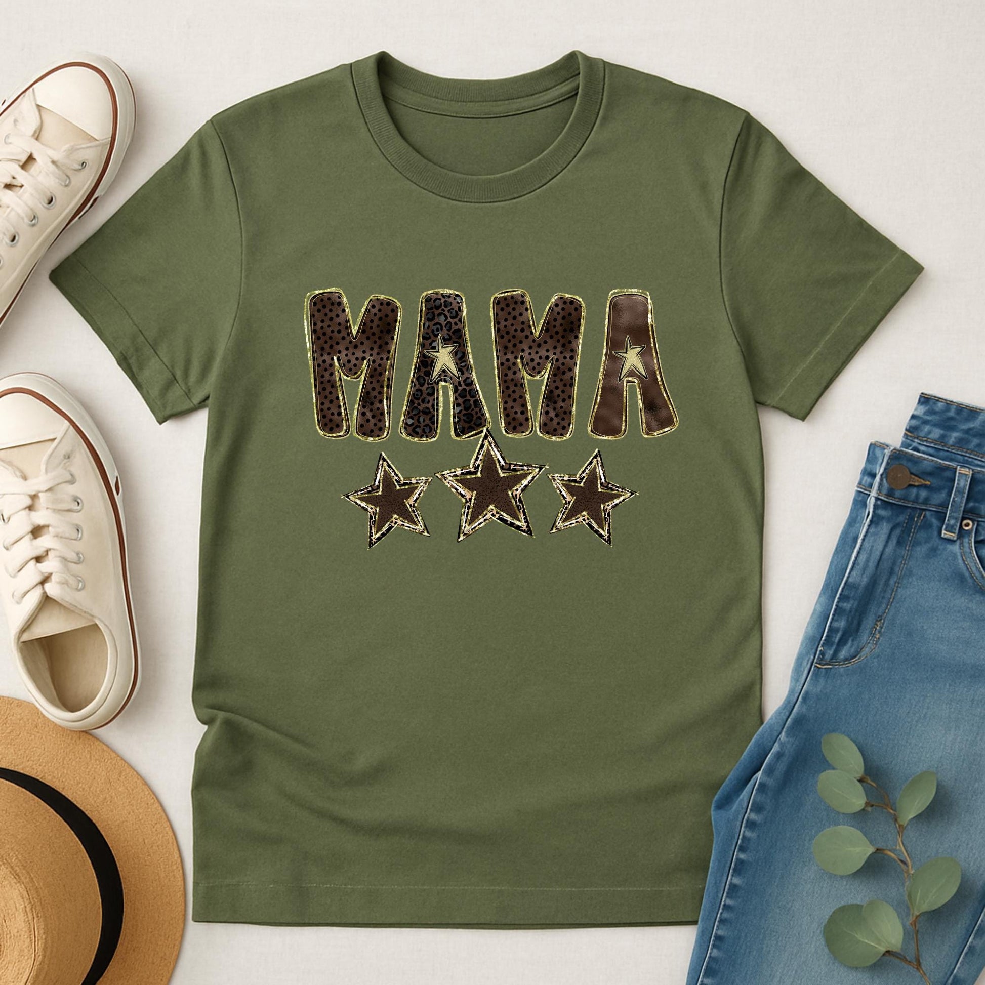MAMA Leopard Star T-Shirt – Olive Green Western Graphic Tee, Trendy Mama Shirt | Trendy Mama Shirt, Mother’s Day Gift for Her, cute mama tee