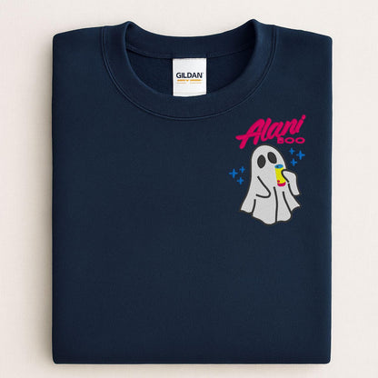Cozy Ghost Embroidered Sweatshirt – Cute Halloween Pullover with Drink – Fall Autumn Spirit Crewneck – Spooky Season Embroidery Shirt