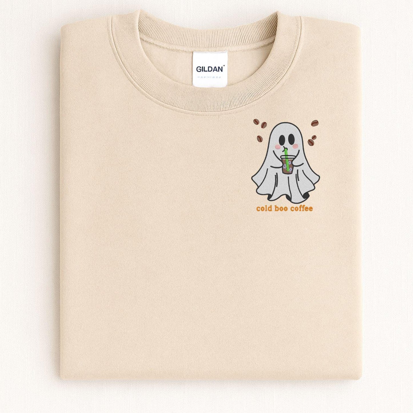 Cold Boo Coffee Ghost Embroidery Sweatshirt | Halloween Fall Coffee Lover Shirt | Spooky Cute Ghost Crewneck | Cozy Autumn Pullover