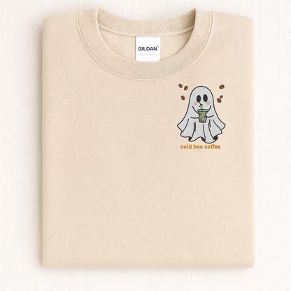 Cold Boo Coffee Ghost Embroidery Sweatshirt | Halloween Fall Coffee Lover Shirt | Spooky Cute Ghost Crewneck | Cozy Autumn Pullover