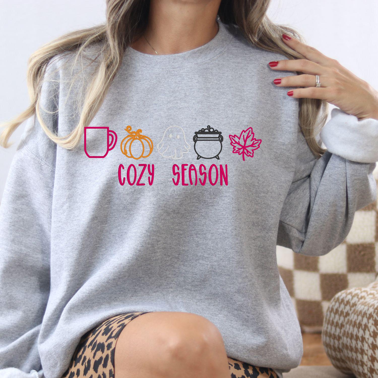 Cozy Season Embroidery Sweatshirt | Fall Pumpkin Ghost Leaf Coffee Sweater | Autumn Halloween Cozy Vibes Pullover for Women
