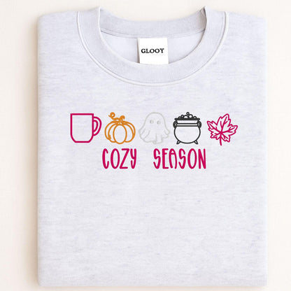Cozy Season Embroidery Sweatshirt | Fall Pumpkin Ghost Leaf Coffee Sweater | Autumn Halloween Cozy Vibes Pullover for Women
