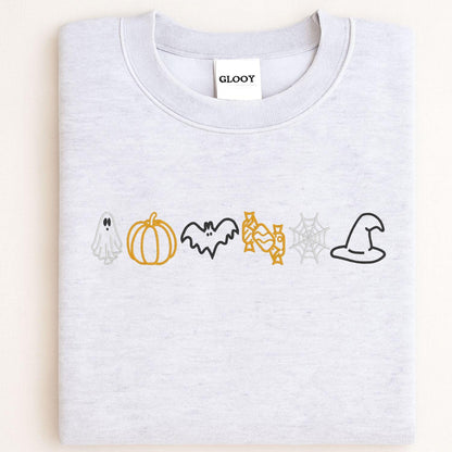 Ghost Pumpkin Bat Candy Web Hat Embroidery Sweatshirt | Fall Halloween Pullover | Cozy Autumn Boho Spooky Season Shirt