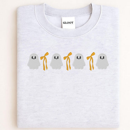 Cute Ghost and Bow Embroidery Sweatshirt • Halloween Crewneck • Fall Ghost Shirt • Cozy Autumn Embroidered Pullover for Women