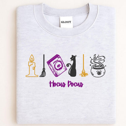 Cozy Autumn Witchy Embroidery Sweatshirt | Fall Pumpkin Candle Cat Cauldron Design | Spooky Season Pullover Halloween Shirt