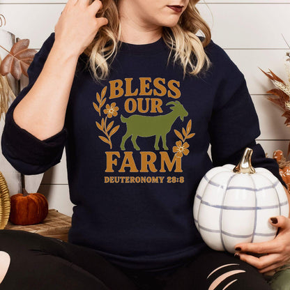 Bless Our Farm Sweatshirt | Rustic Goat and Floral Christian Pullover | Faith-Based Country Living Apparel, Goat farm shirt, Womens goat top
