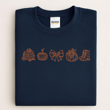 Fall Embroidery Sweatshirt Autumn Pumpkin Books Cozy Bow Boots Outline Stitch Crewneck Gift for Her Seasonal Pullover Comfort Wear