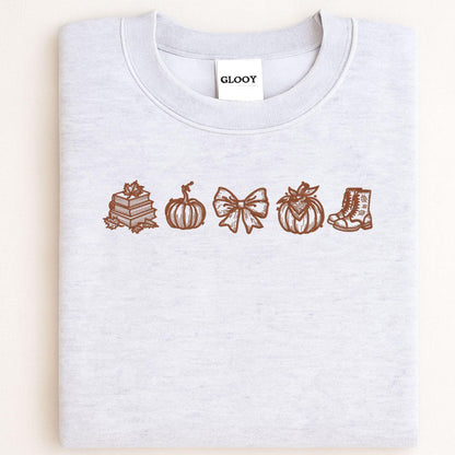 Fall Embroidery Sweatshirt Autumn Pumpkin Books Cozy Bow Boots Outline Stitch Crewneck Gift for Her Seasonal Pullover Comfort Wear