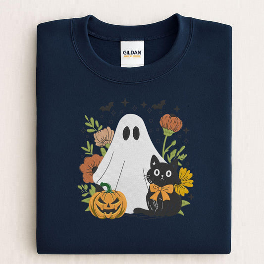 Ghost and Black Cat Embroidery Sweatshirt, Pumpkin Floral Fall Pullover, Spooky Season Cozy Halloween Shirt, Autumn Gift for Her