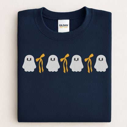 Cute Ghost and Bow Embroidery Sweatshirt • Halloween Crewneck • Fall Ghost Shirt • Cozy Autumn Embroidered Pullover for Women