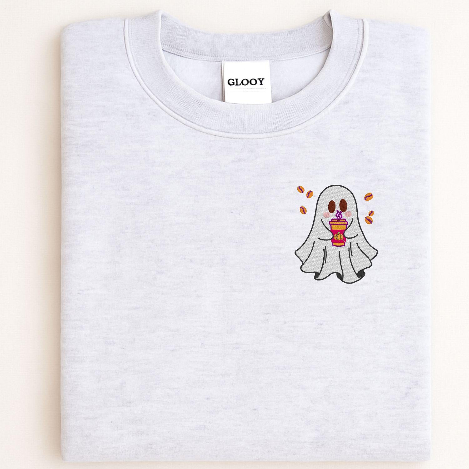 Cute Ghost Coffee Embroidery Sweatshirt | Cozy Autumn Fall Crewneck | Halloween Latte Lover Pullover | Spooky Season Gift for Her