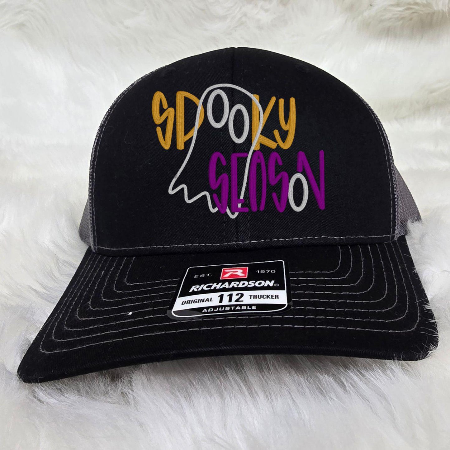 Spooky Season Trucker Hat Embroidered Ghost Design | Halloween Mesh Back Cap | Fall Aesthetic Hat for Autumn Outfits & Costume Looks