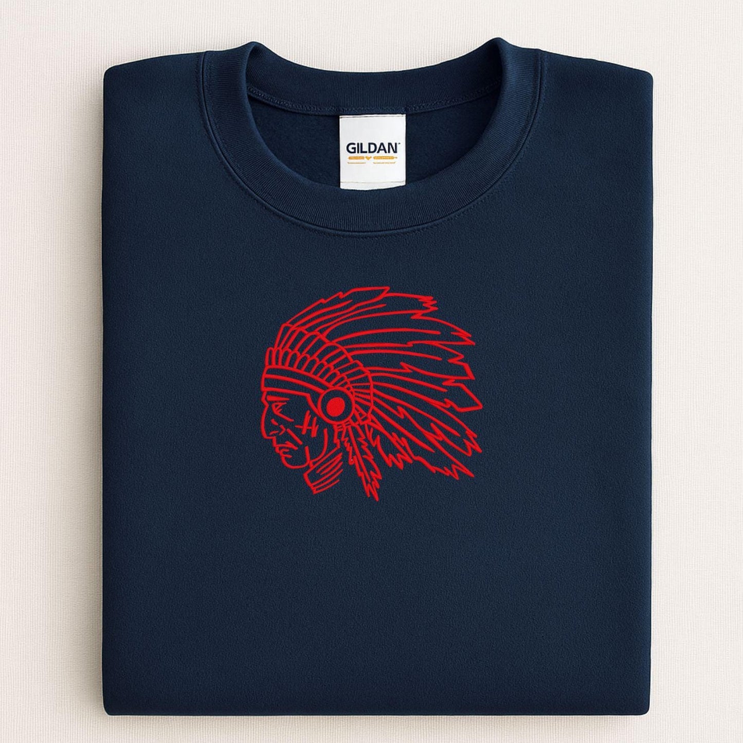 Custom Indians Mascot Crewneck Sweatshirt | Embroidered Native Headdress Design | School Spirit Apparel | Game Day Fan Gift Unisex