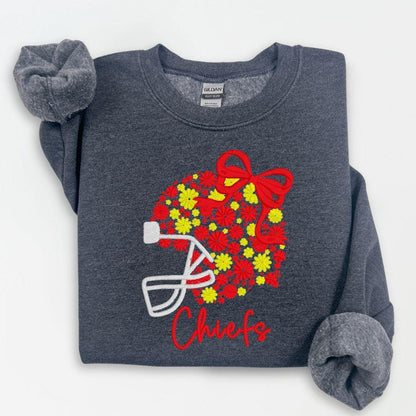 Red Gold Floral Football Embroidered Sweatshirt | Cozy Game Day Crewneck | Red & Yellow Football Fan Apparel | Fall Winter Outfit