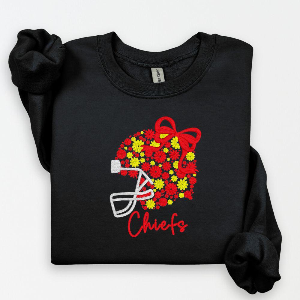 Red Gold Floral Football Embroidered Sweatshirt | Cozy Game Day Crewneck | Red & Yellow Football Fan Apparel | Fall Winter Outfit