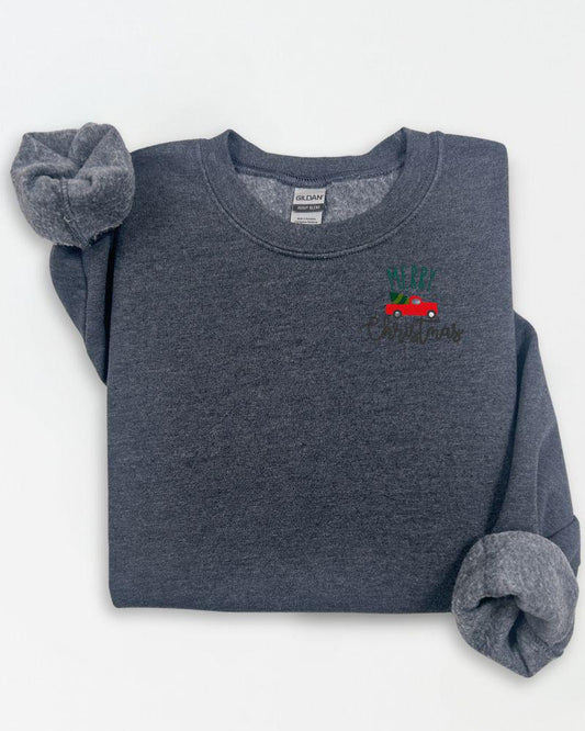 Red Truck with Tree –Embroidered Christmas Sweatshirt – Cozy Holiday Crewneck- Festive Cute Cozy Xmas Pullover-Winter Outfit