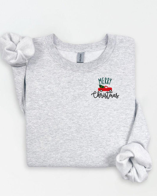 Red truck Christmas tree left chest embroidered sweatshirt