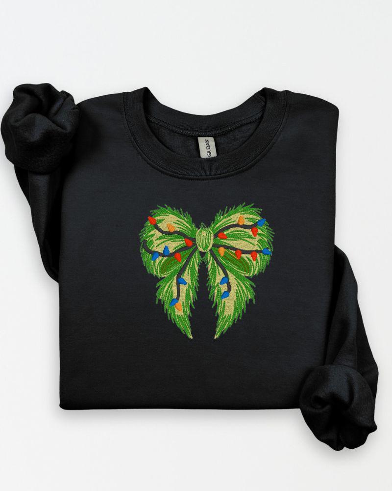Grinchmas Bow with Lights Sweatshirt – Embroidered Holiday Crewneck – Cozy Style Sweater Gift