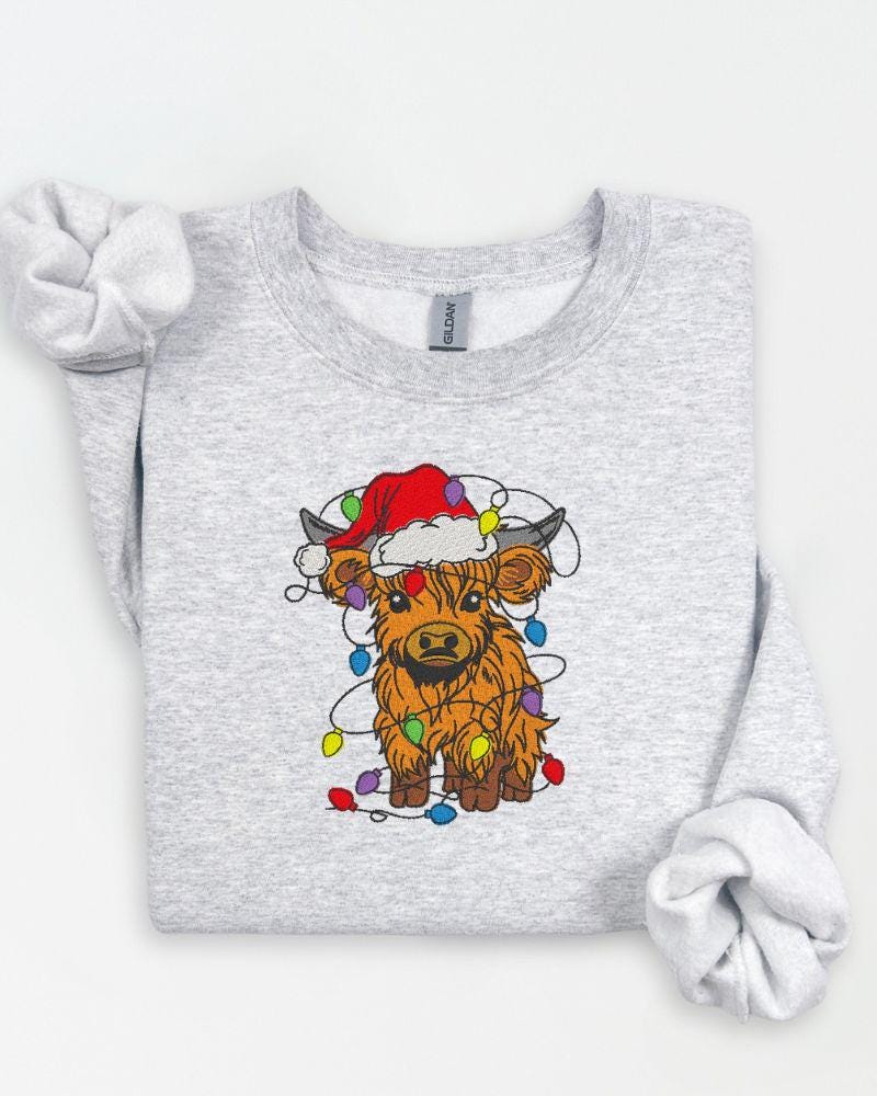Highland Cow Christmas Sweatshirt – Embroidered Santa Hat Holiday Crewneck – Cozy Farmhouse Animal Lover Sweater Gift