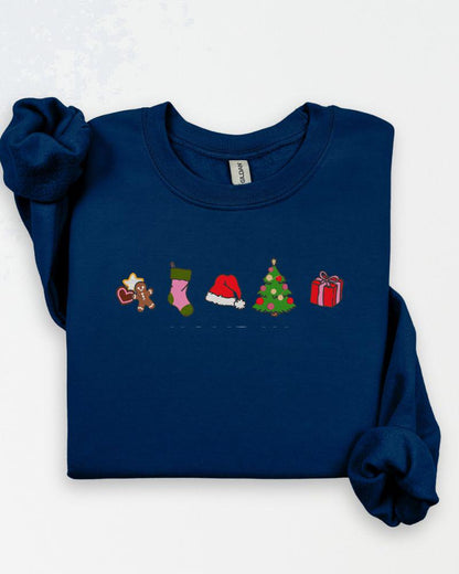 Christmas Classic Icons Embroidered Sweatshirt – Gingerbread Stocking Santa Hat Tree Gift Crewneck – Cozy Holiday Sweater Gift
