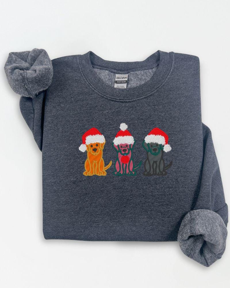 Christmas Dogs Sweatshirt – Embroidered Trio of Santa Hat Labs – Cozy Holiday Crewneck for Dog Lovers & Pet Parents