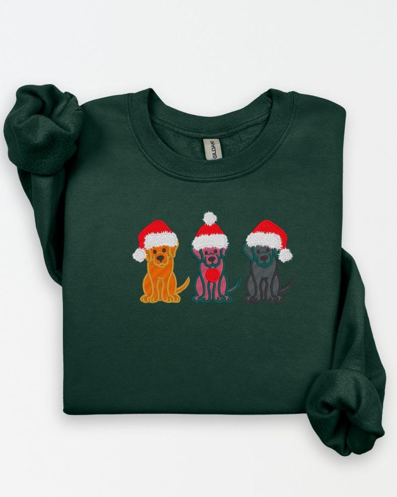 Christmas Dogs Sweatshirt – Embroidered Trio of Santa Hat Labs – Cozy Holiday Crewneck for Dog Lovers & Pet Parents