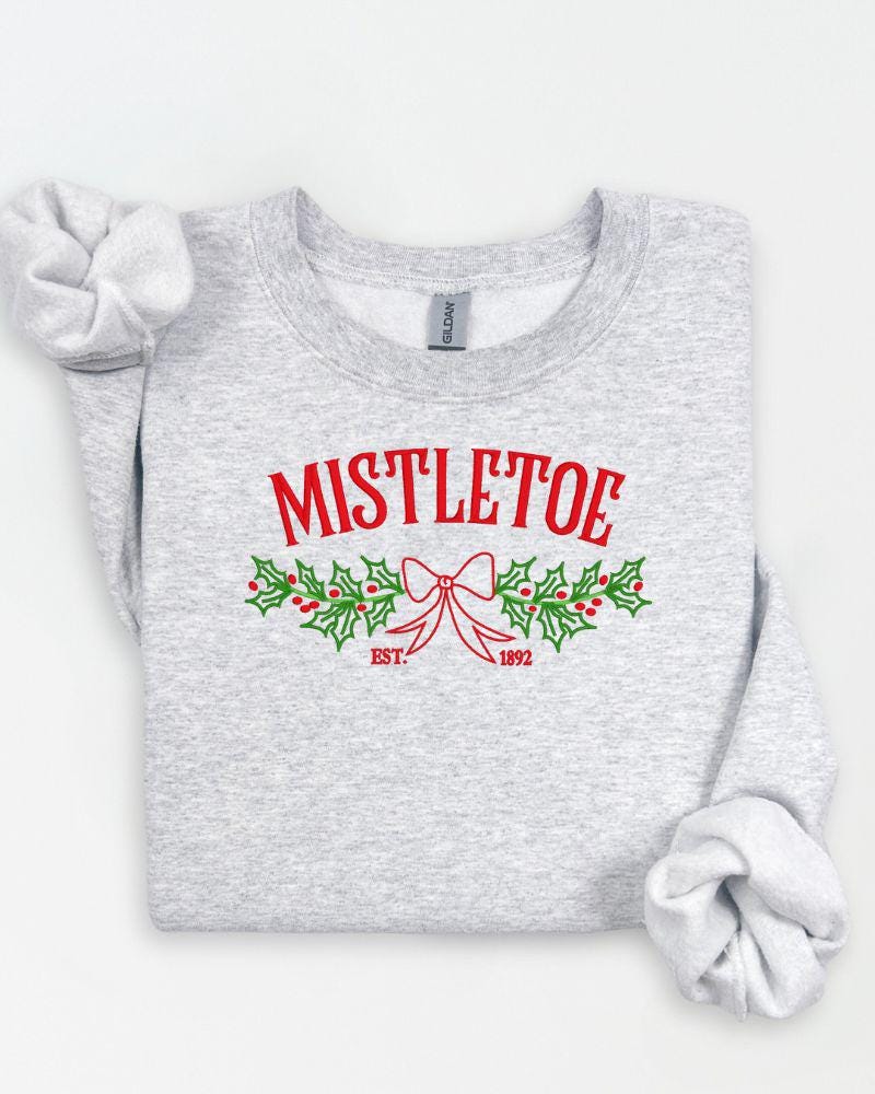 Mistletoe Christmas Sweatshirt – Embroidered Holiday Bow & Greenery Crewneck – Cozy Farmhouse Holiday Sweater Gift