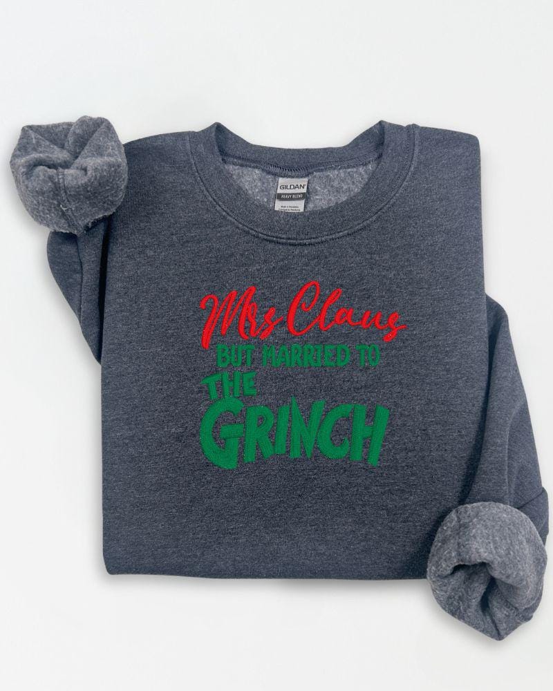 Funny Christmas Couples Sweatshirt – Embroidered Mrs. Claus Grinchy Husband Holiday Crewneck – Cozy Festive Sweater Gift with Playful Twist