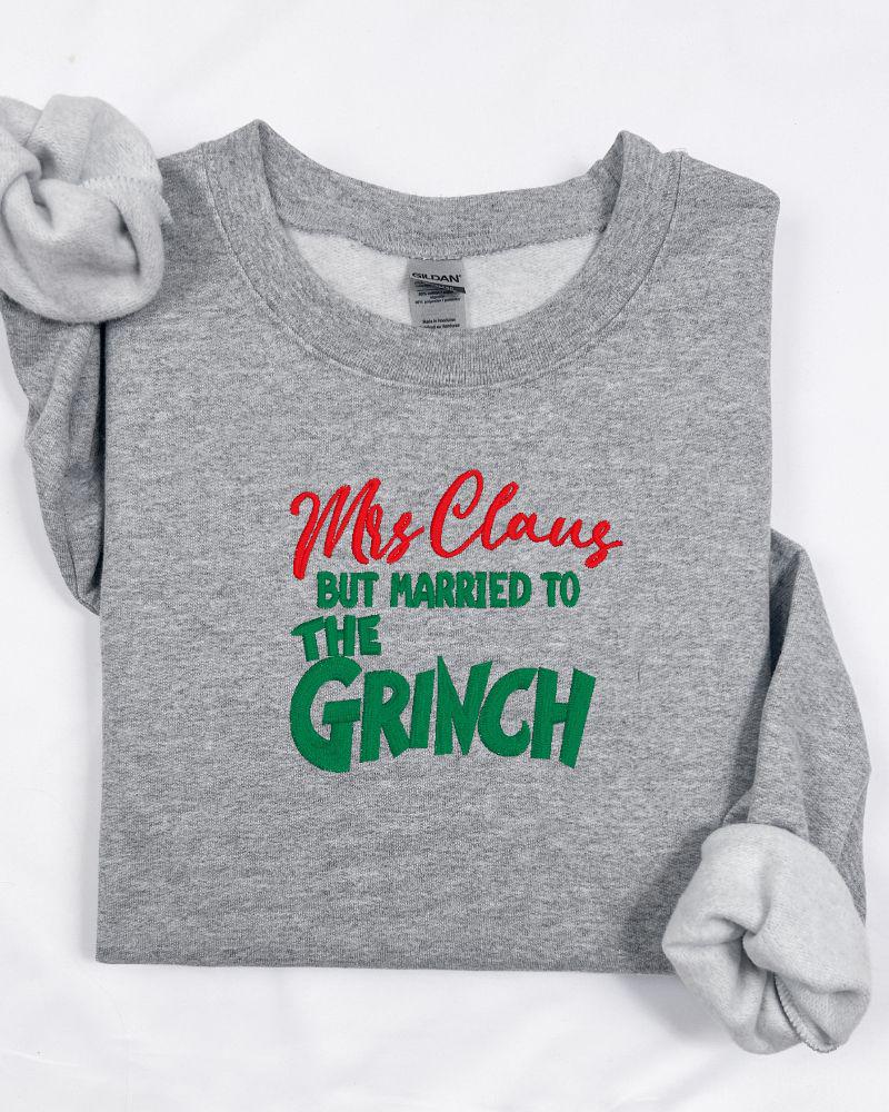 Funny Christmas Couples Sweatshirt – Embroidered Mrs. Claus Grinchy Husband Holiday Crewneck – Cozy Festive Sweater Gift with Playful Twist