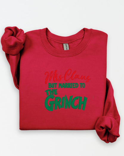 Funny Christmas Couples Sweatshirt – Embroidered Mrs. Claus Grinchy Husband Holiday Crewneck – Cozy Festive Sweater Gift with Playful Twist